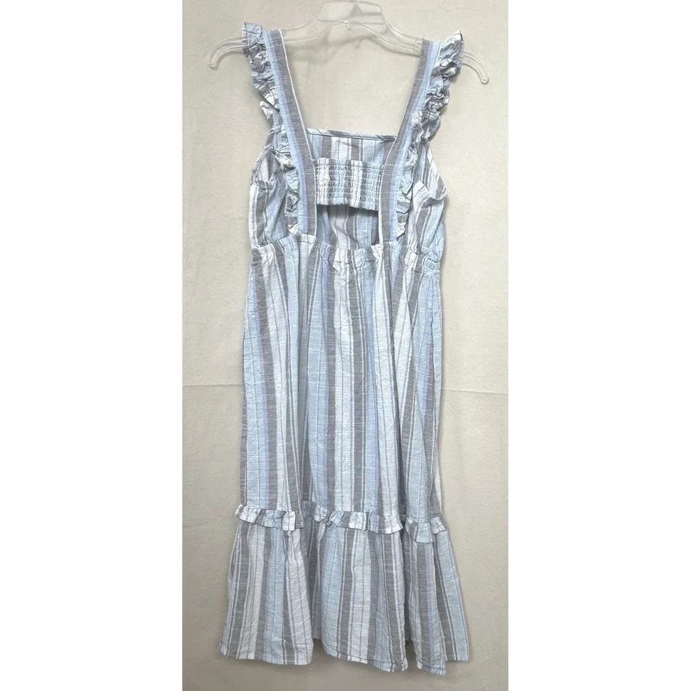 Madison Grey Coastal Cottage Blue Striped Cotton Ruffles Smocked Midi Dress Sz S - Picture 3 of 10
